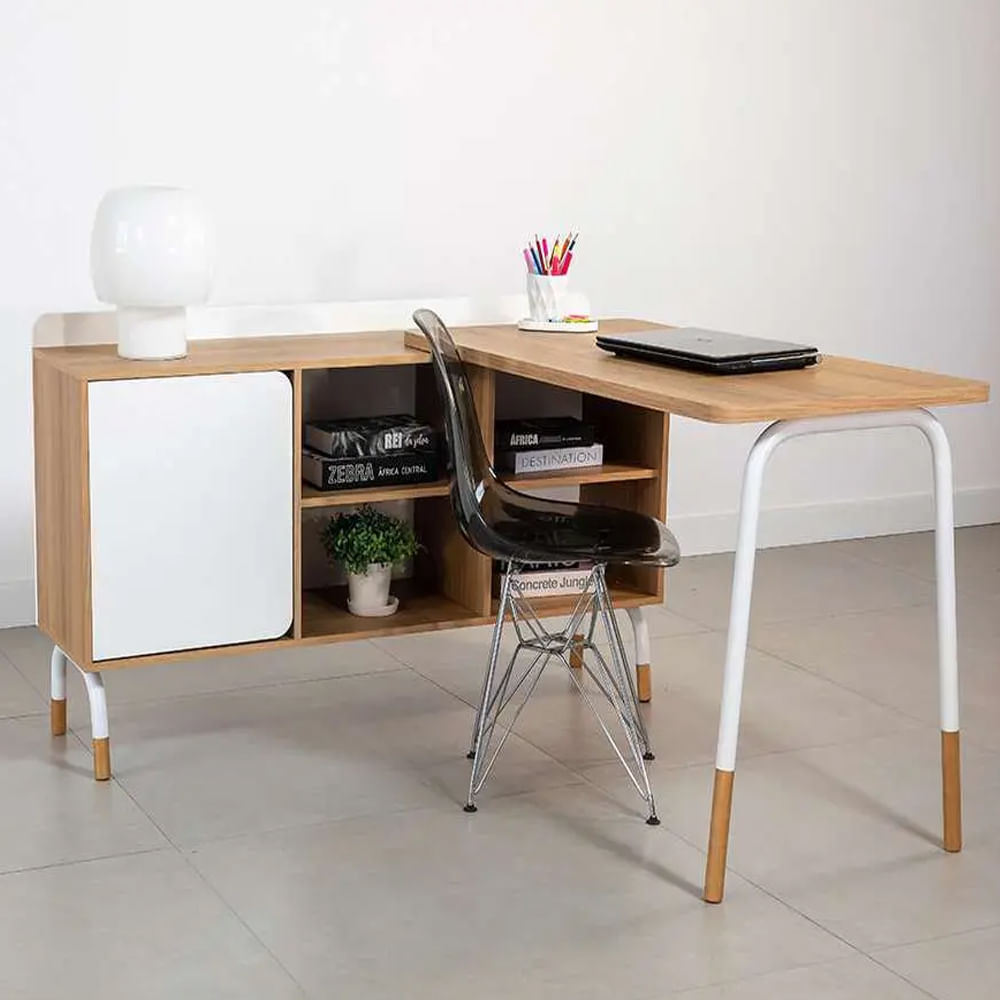 Mesa Escrivaninha Flexus com Balcão Credenza Fixo 1 Gaveta e 1 Porta Hanover e Branca 1,55m - Imagem 5