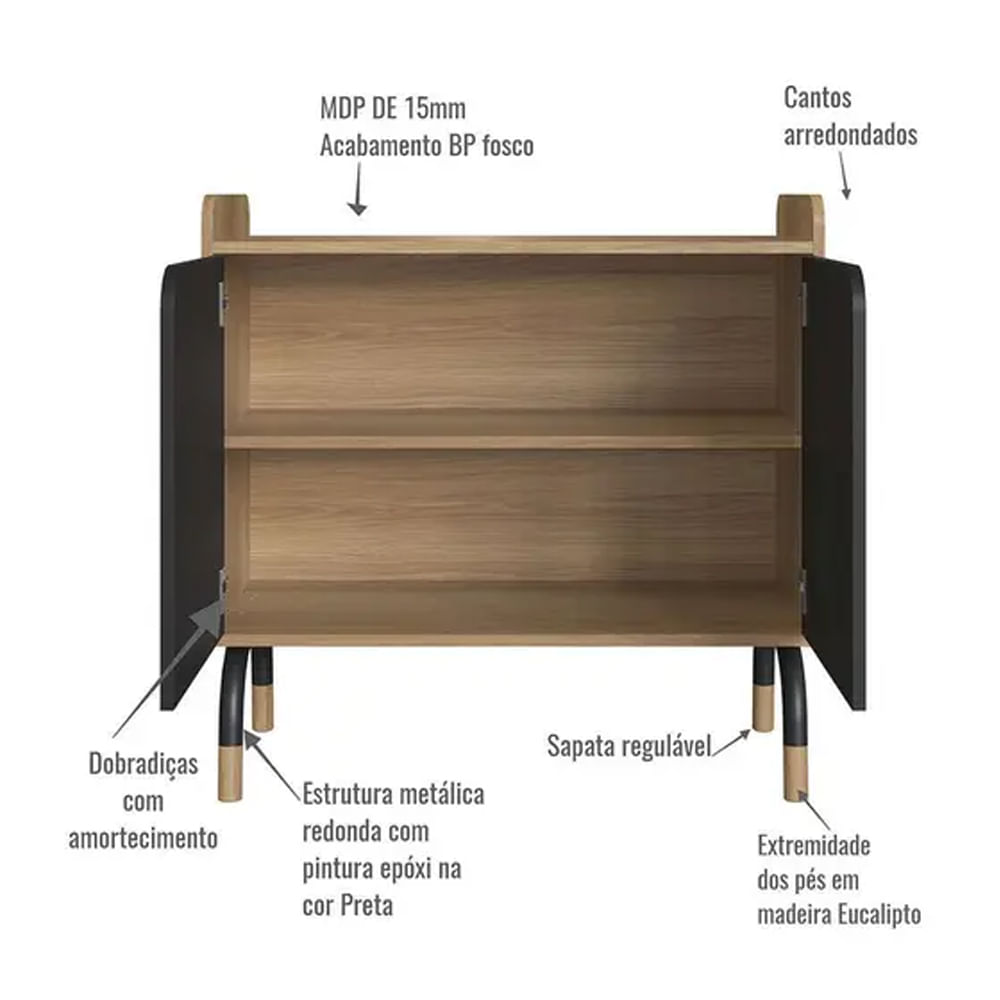 Armário Baixo Flexus Home com 2 Portas Hanover e Preto - Imagem 4