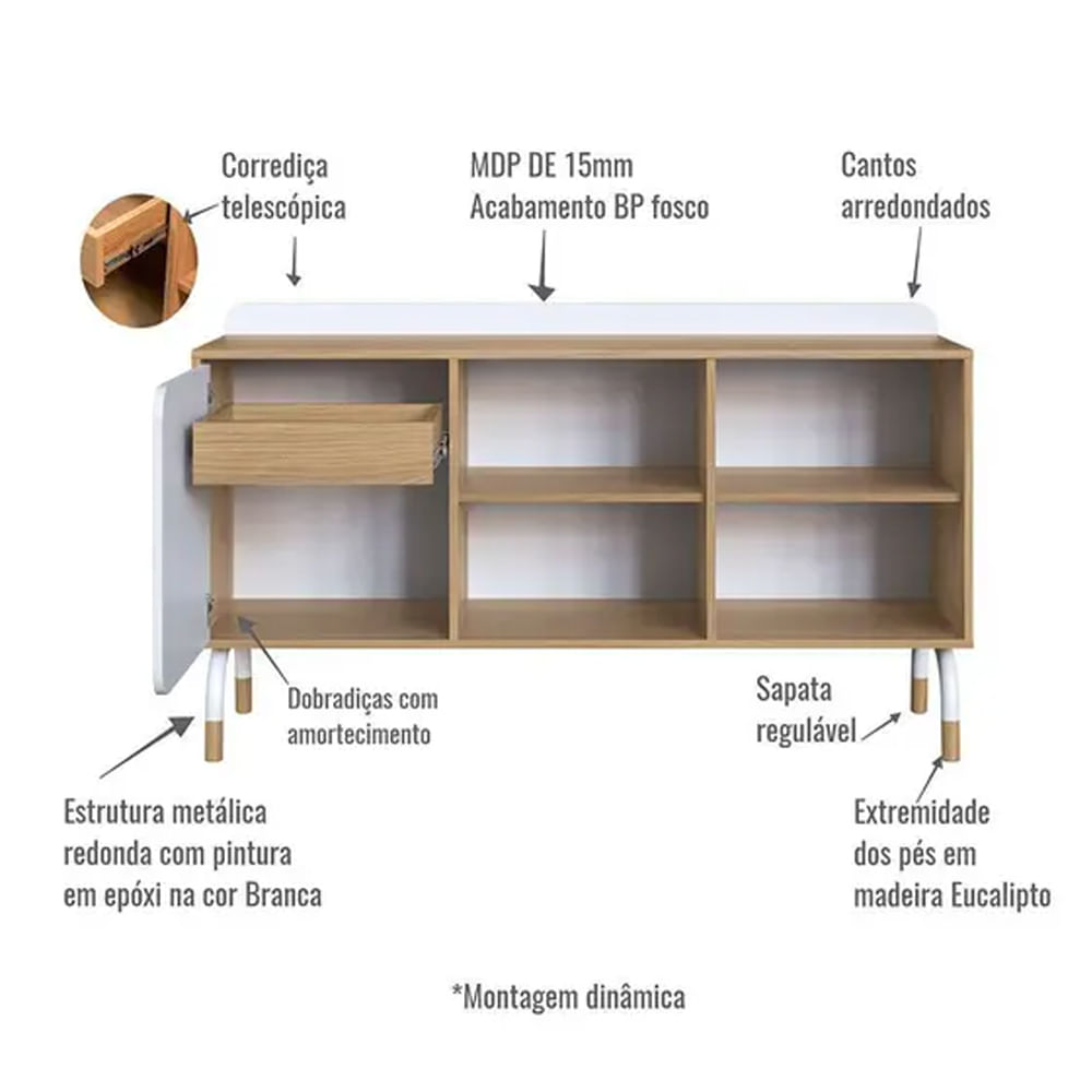 Armário Baixo Flexus Home com 1 Porta e 1 Gaveta Hanover e Branco - Imagem 4