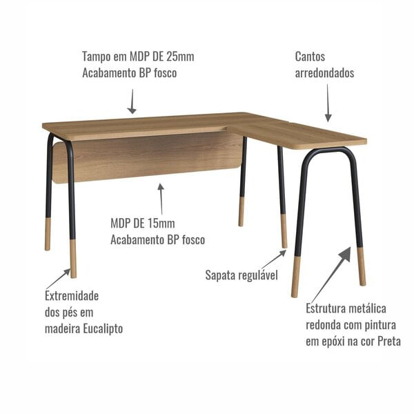 Mesa Escrivaninha Flexus de Canto Hanover e Preta 1,36m - Imagem 3