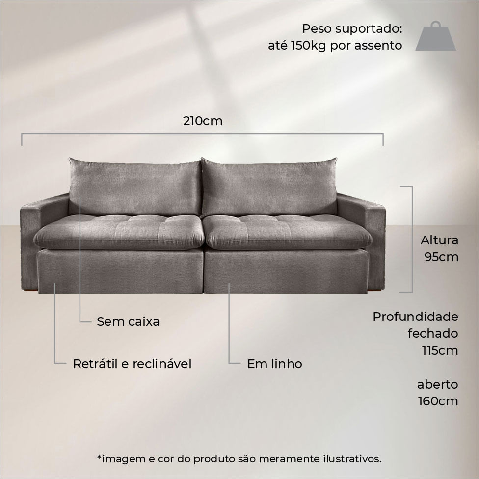 Sofá Milão Retrátil e Reclinável sem Caixa em Linho Cinza 2,10m - Imagem 3