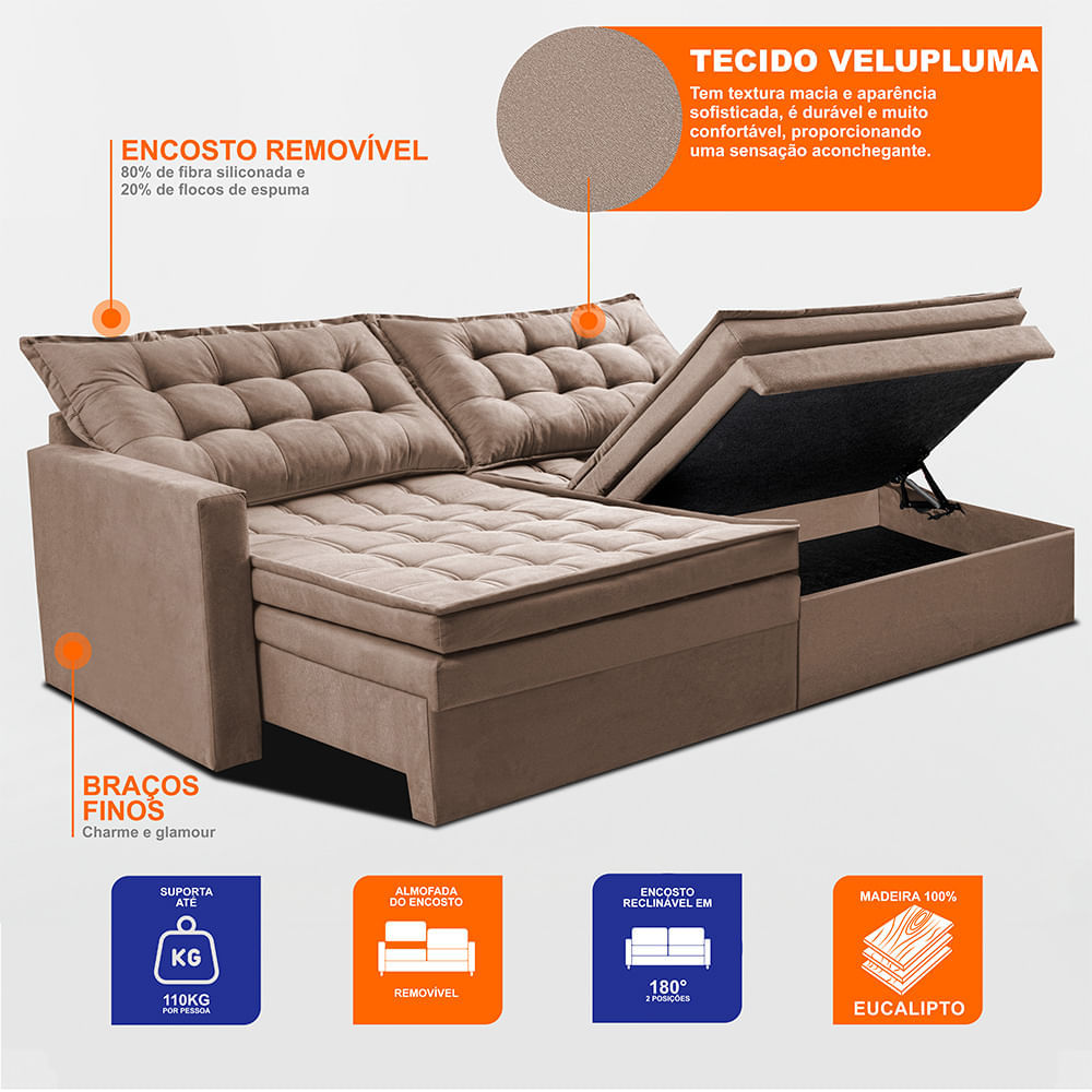 Sofá Sem Caixa Retrátil Baú 1,60m Sofá inBox Silence Velupluma Bege - Imagem 3