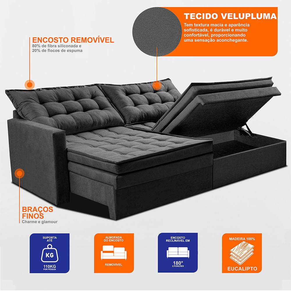 Sofá Sem Caixa Retrátil Baú 1,80m Sofá inBox Silence Velupluma Cinza - Imagem 3