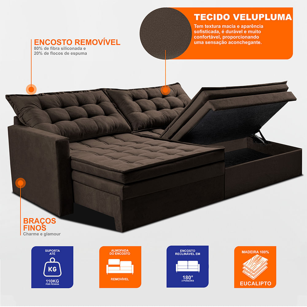 Sofá Sem Caixa Retrátil Baú 1,60m Sofá inBox Silence Velupluma Café - Imagem 3