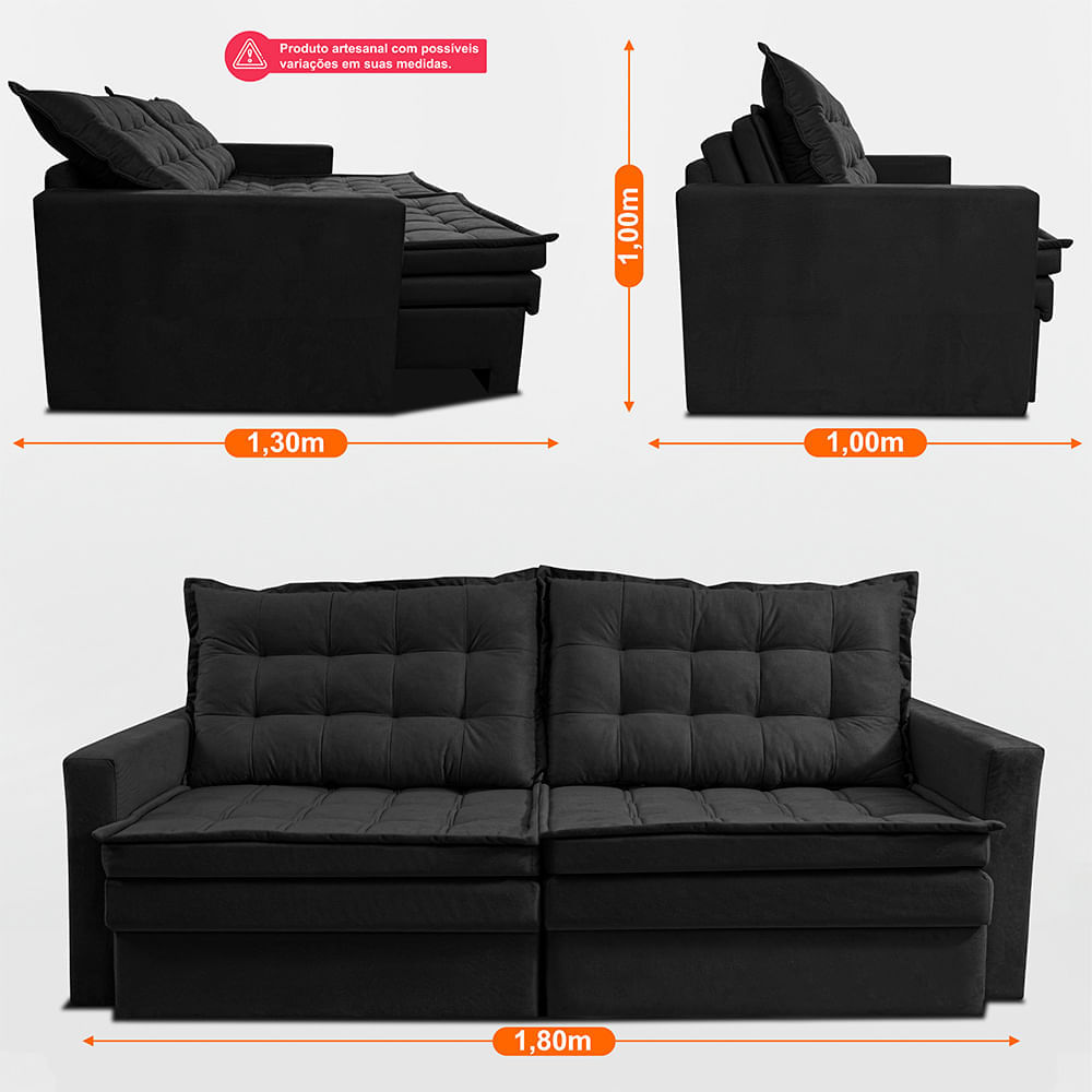 Sofá Sem Caixa Retrátil Baú 1,80m Sofá inBox Silence Velupluma Preto - Imagem 4