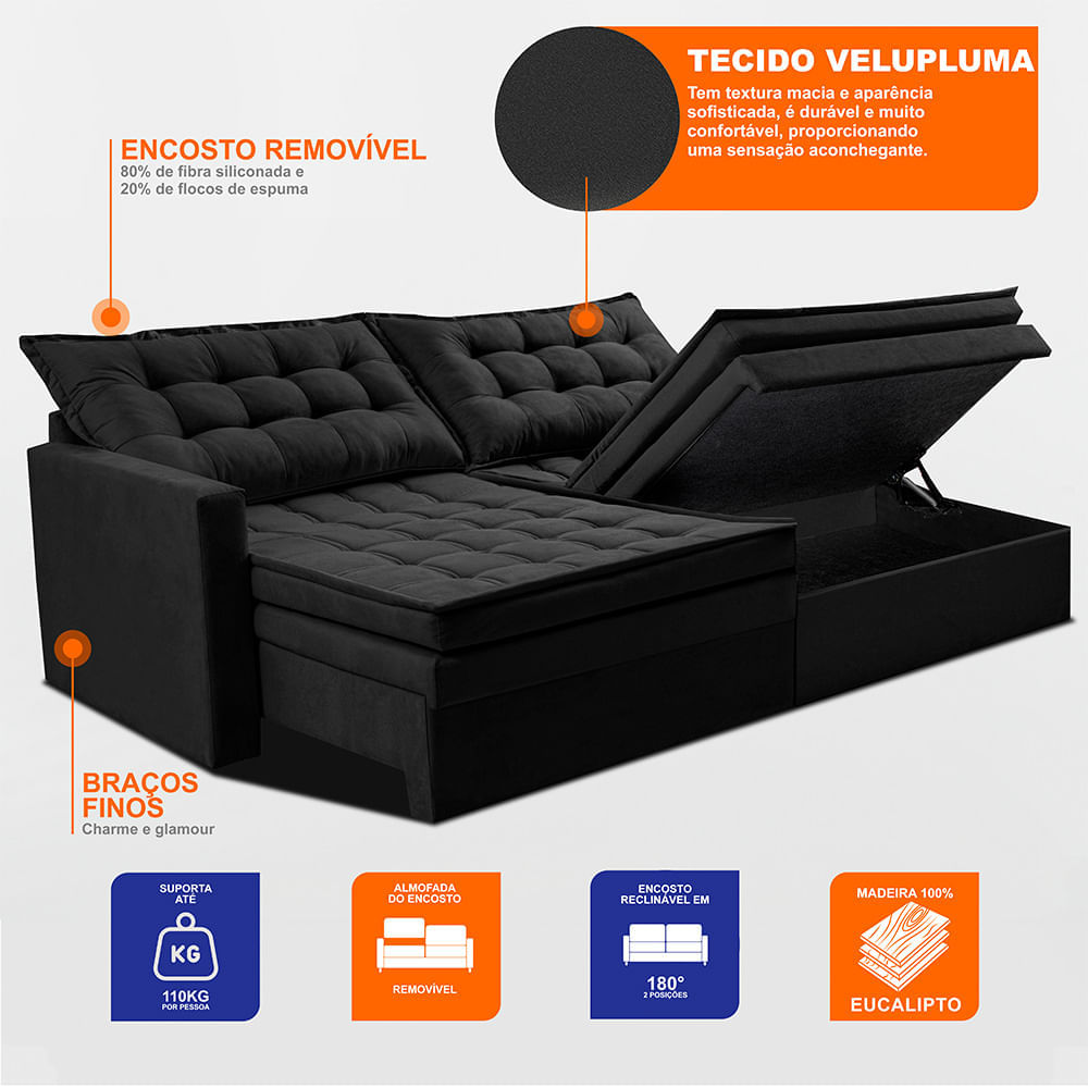 Sofá Sem Caixa Retrátil Baú 1,80m Sofá inBox Silence Velupluma Preto - Imagem 3