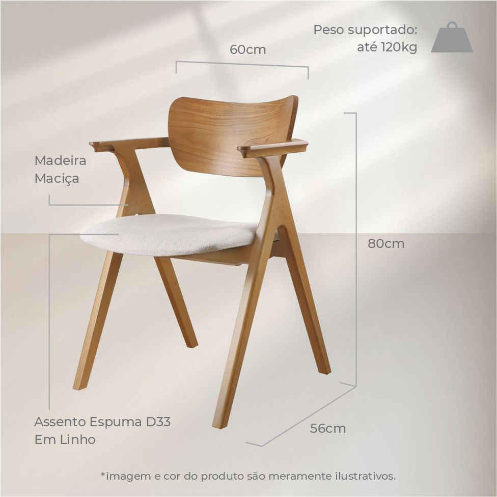 Cadeira Zara Madeira Maciça Assento em Linho Bege - Imagem 4