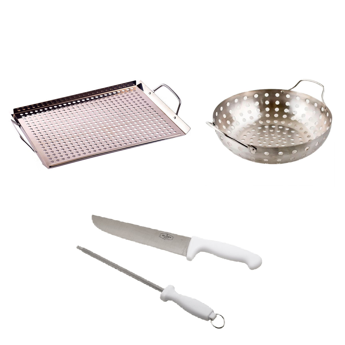 Kit para Churrasco Bandeja Wok Faca e Chaira 4 peças Prana