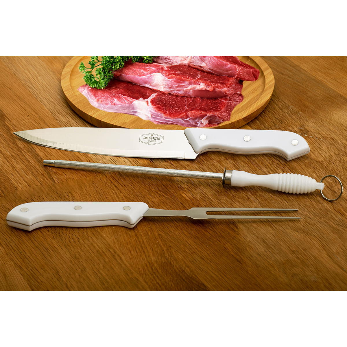 Kit Churrasco Garfo e Faca Chaira 3 Pçs Grill & Pizza Prana - Imagem 2