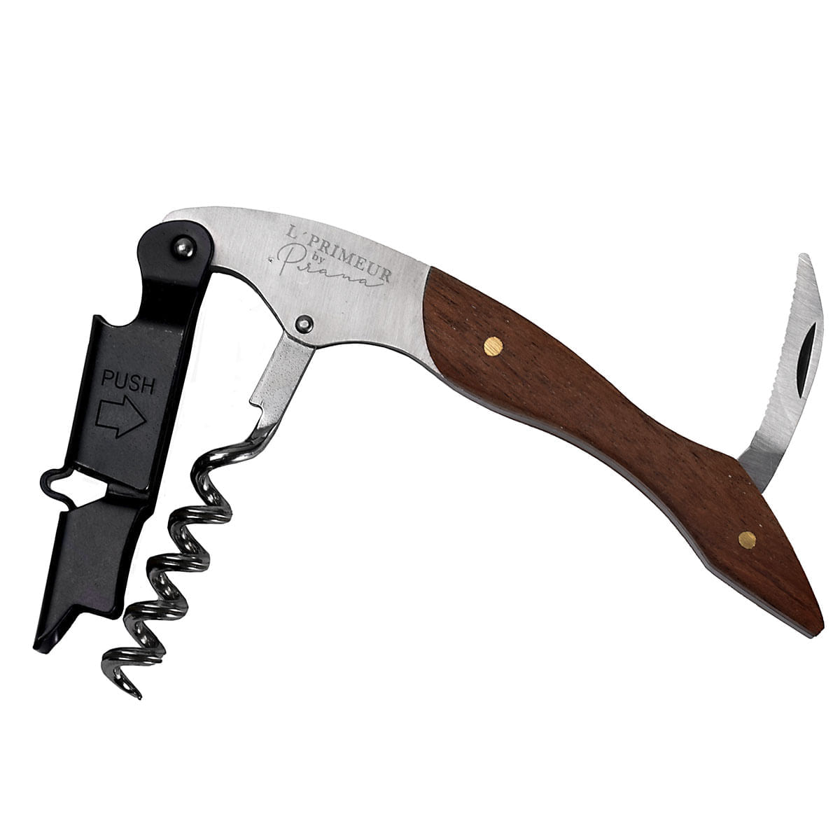 Saca Rolhas Abridor de Vinhos Inox e Madeira L'Primeur Prana