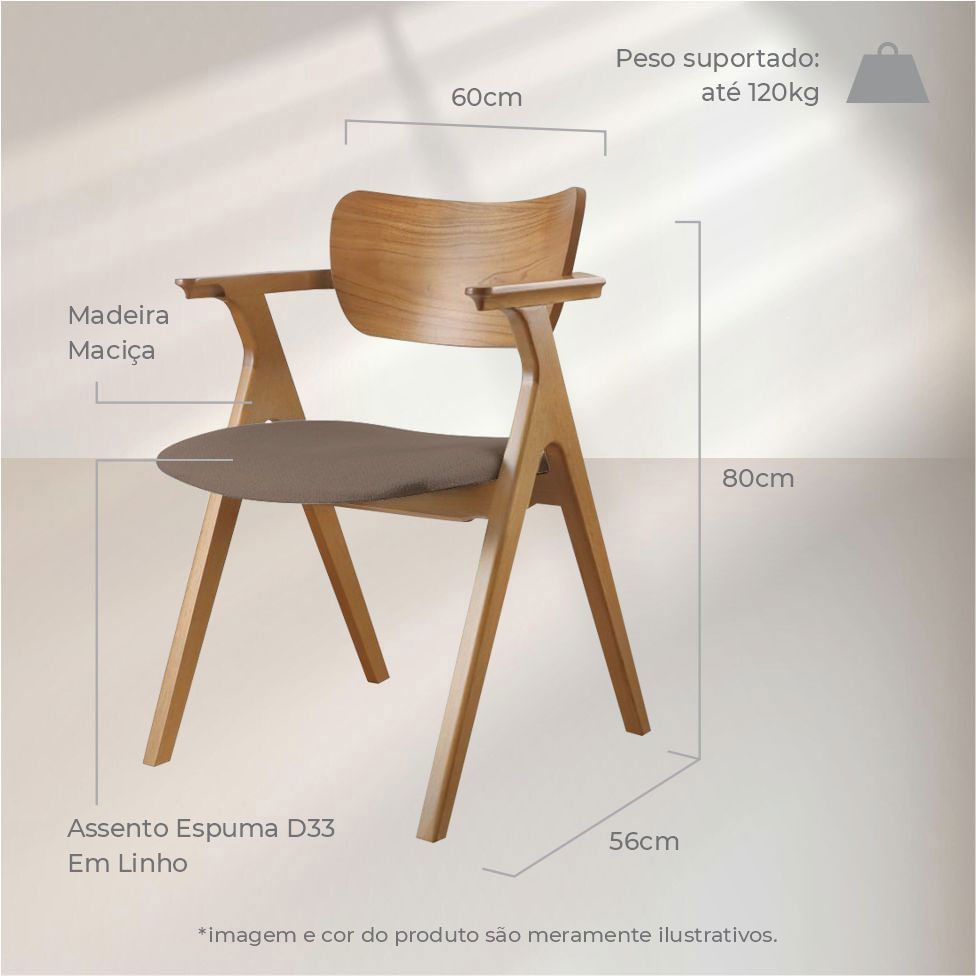 Cadeira Zara Madeira Maciça Assento em Linho Cinza - Imagem 4