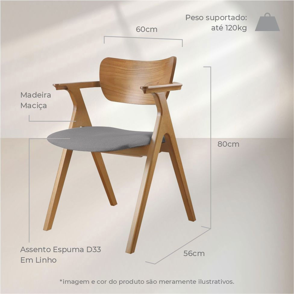 Cadeira Zara Madeira Maciça Assento em Linho Grafite - Imagem 4