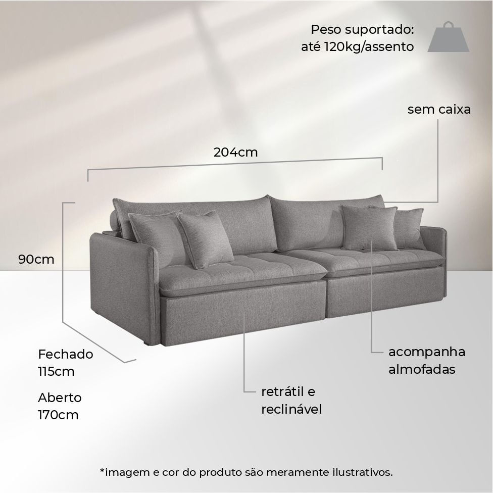 Sofá Fine Retrátil e Reclinável Sem Caixa em Linho Cinza 2,04m - Imagem 3