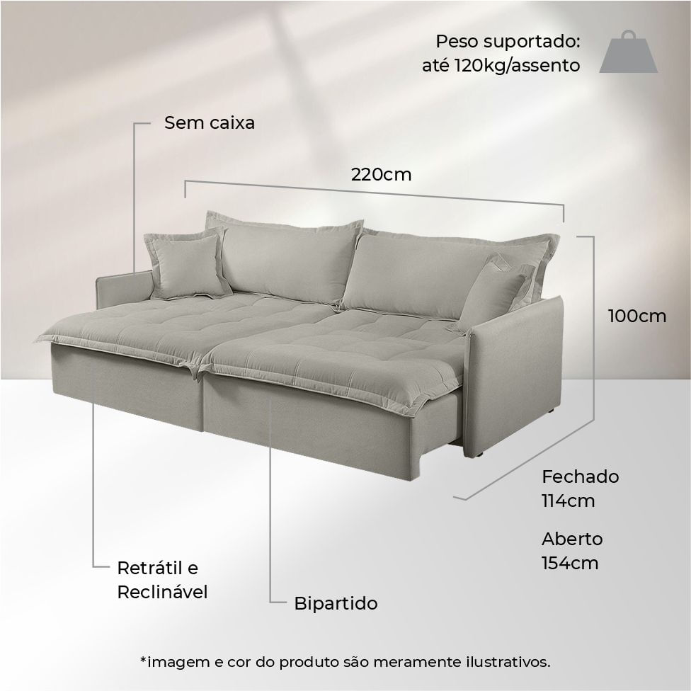 Sofá Armani Sem Caixa Retrátil e Reclinavel em Linho Cinza 2,20m - Imagem 3