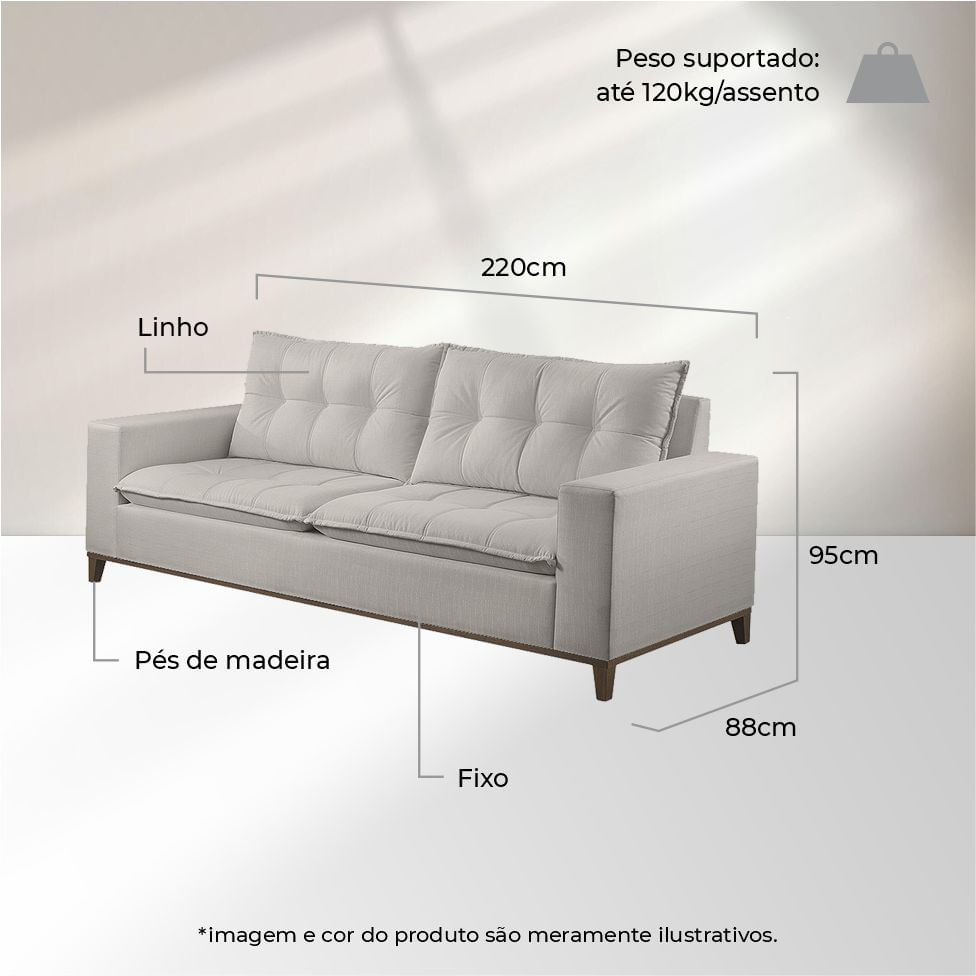 Sofá Rio Fixo em Linho Cinza 2,20m - Imagem 3