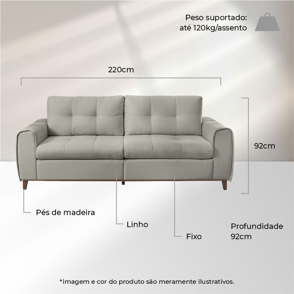 Sofá Leblon Fixo em Linho Cinza 2,20m - Imagem 3