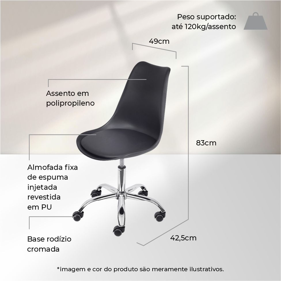 Cadeira Joly Preta Base Rodízio Cromado - Imagem 5