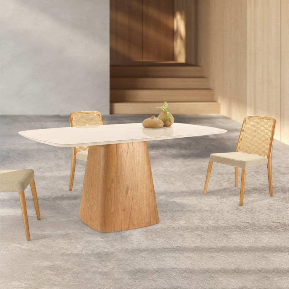 Mesa de Jantar Duna Retangular 1,80m Base Esculpida Madeira Maciça Off White e Mel - Imagem 2