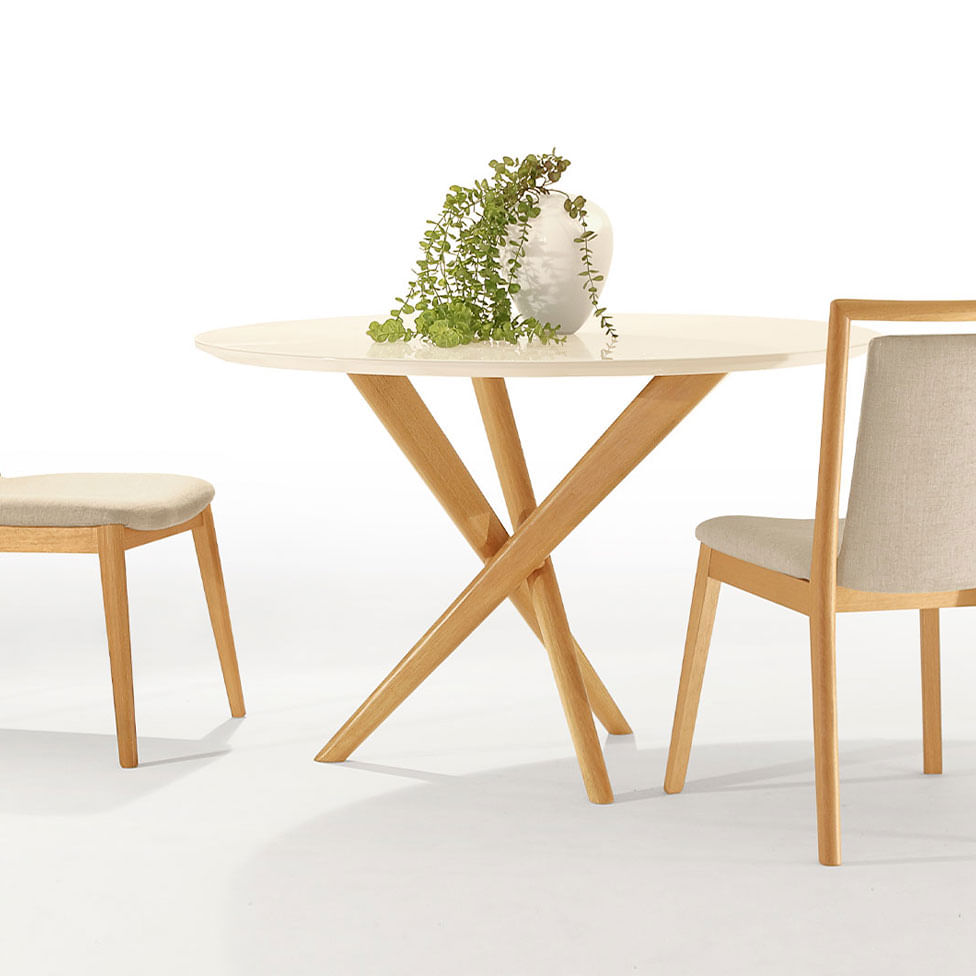 Mesa de Jantar Verso Redonda 1,20m Vidro Laqueado Off White e Base Madeira Maciça Mel - Imagem 2