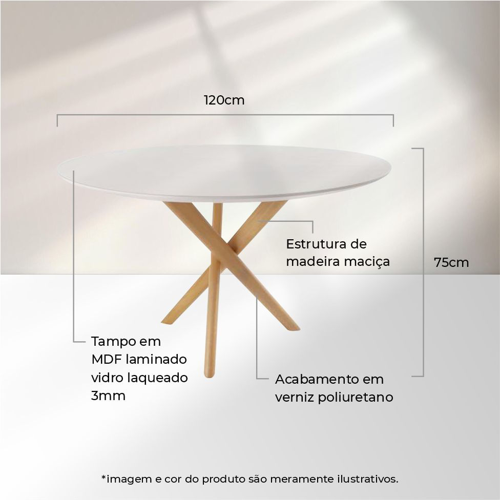 Mesa de Jantar Verso Redonda 1,20m Vidro Laqueado Off White e Base Madeira Maciça Mel - Imagem 3