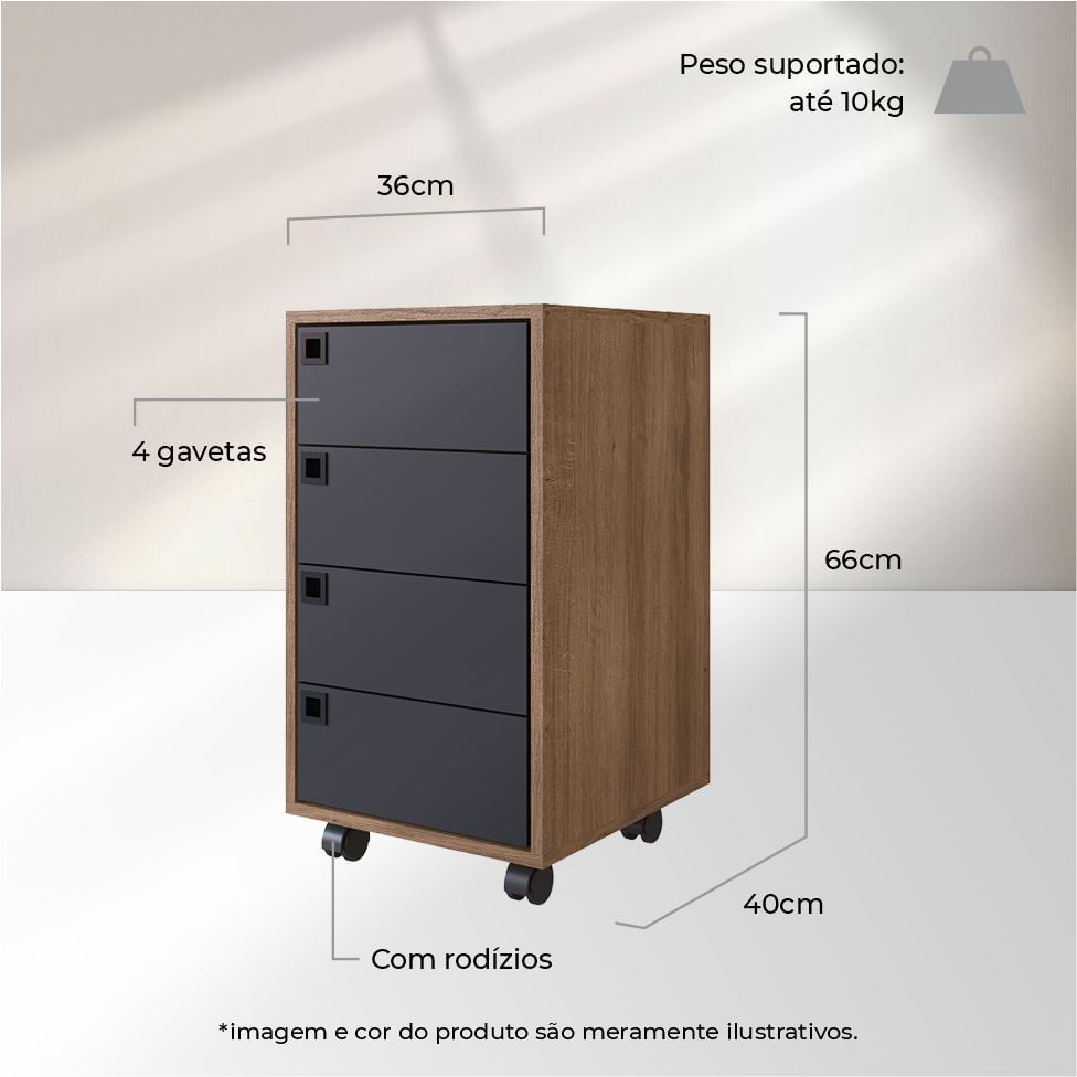 Gaveteiro Office para Escritório 4 Gavetas Grafite e Mel - Imagem 5