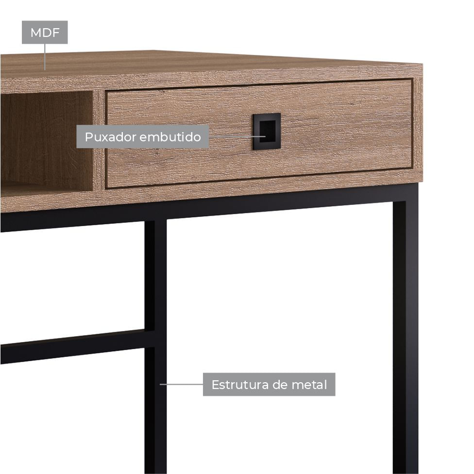 Mesa Escrivaninha Industrial para Escritório 1 Gaveta Preto e Mel - Imagem 2