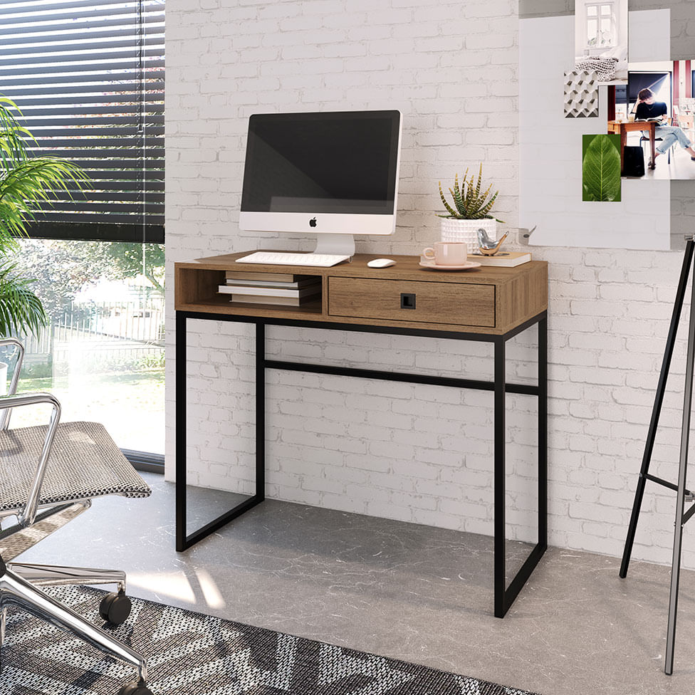 Mesa Escrivaninha Industrial para Escritório 1 Gaveta Preto e Mel - Imagem 3