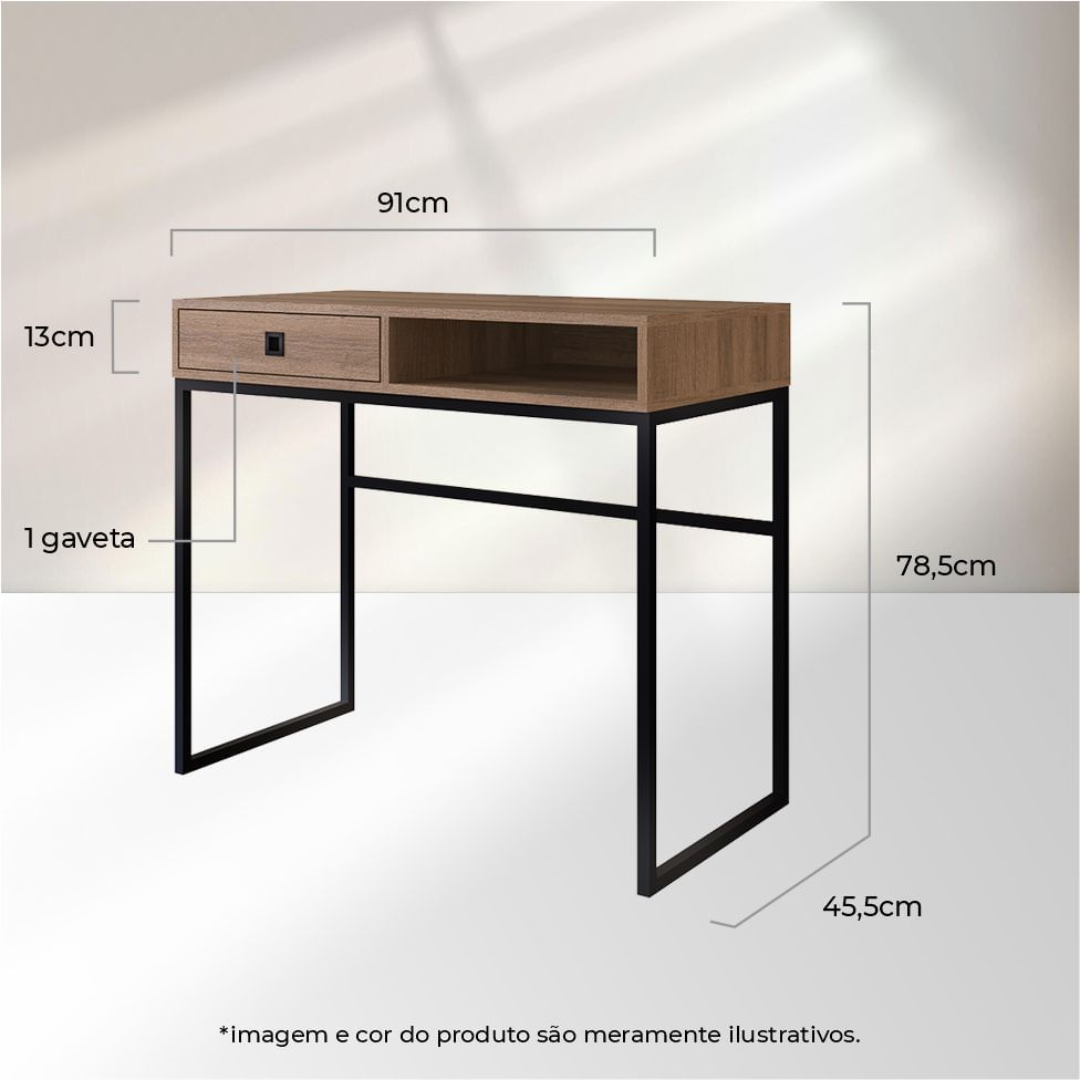 Mesa Escrivaninha Industrial para Escritório 1 Gaveta Preto e Mel - Imagem 4