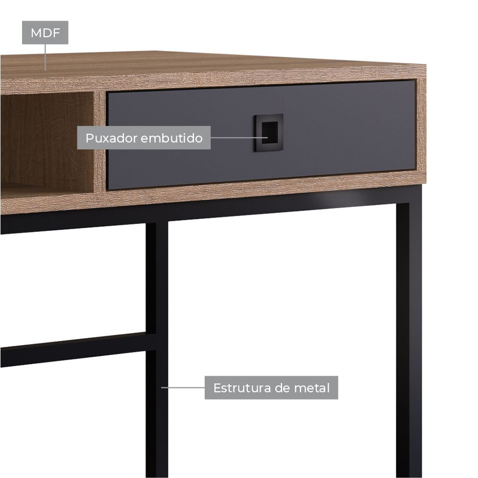 Mesa Escrivaninha Industrial para Escritório 1 Gaveta Grafite e Mel - Imagem 2
