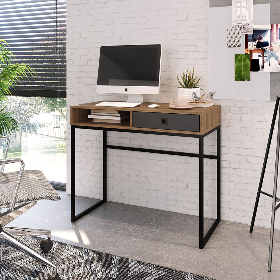 Mesa Escrivaninha Industrial para Escritório 1 Gaveta Grafite e Mel - Imagem 3