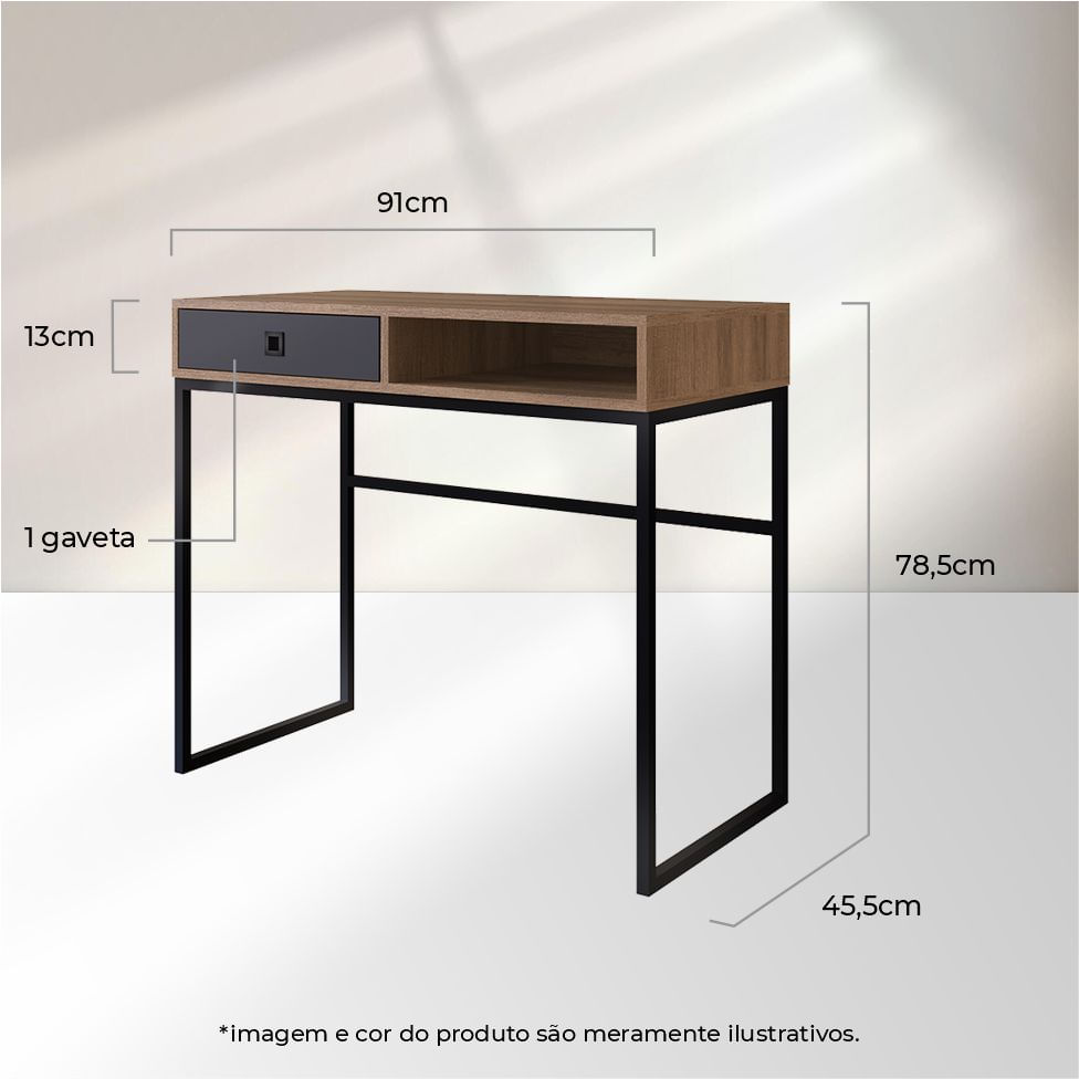 Mesa Escrivaninha Industrial para Escritório 1 Gaveta Grafite e Mel - Imagem 4