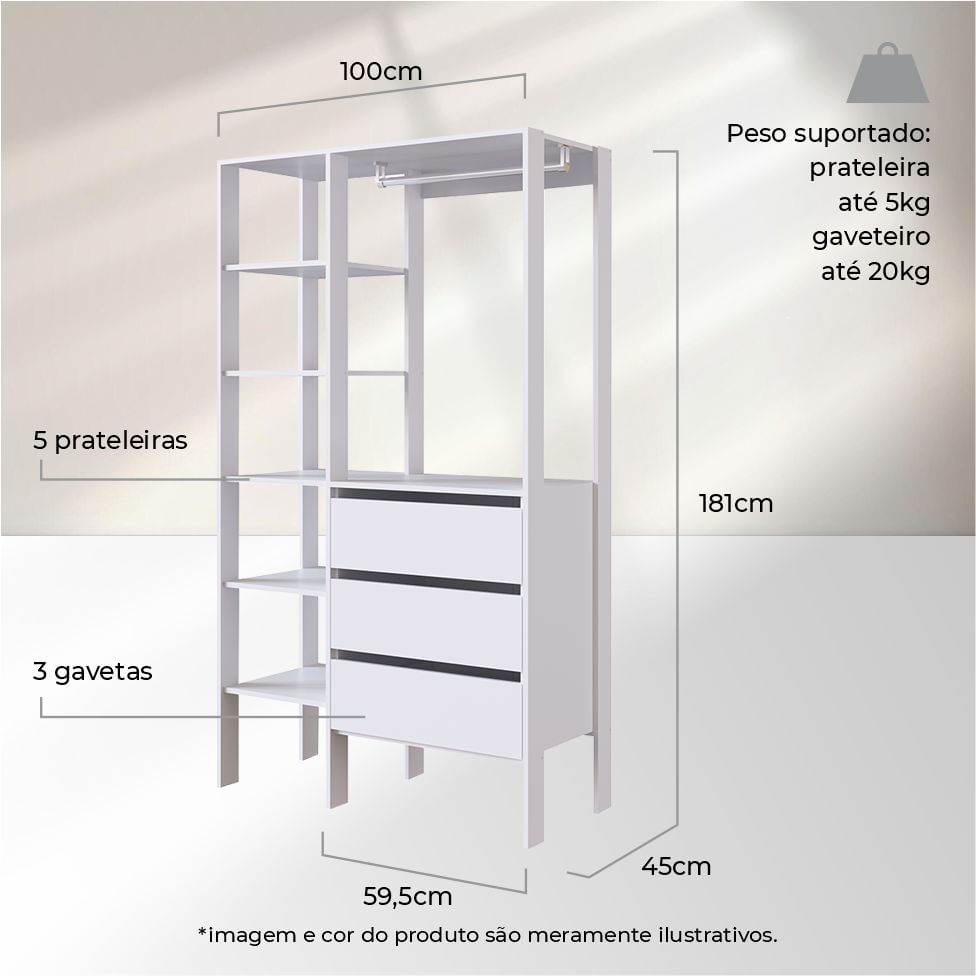 Guarda-Roupa Closet 3 Gavetas Branco - Imagem 5
