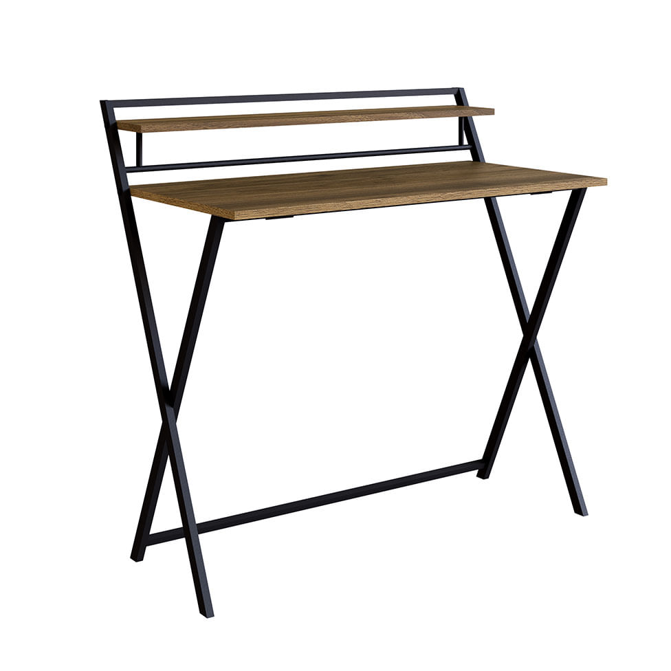 Mesa Escrivaninha Industrial para Escritório Dobrável com 1 Prateleira Preta e Mel