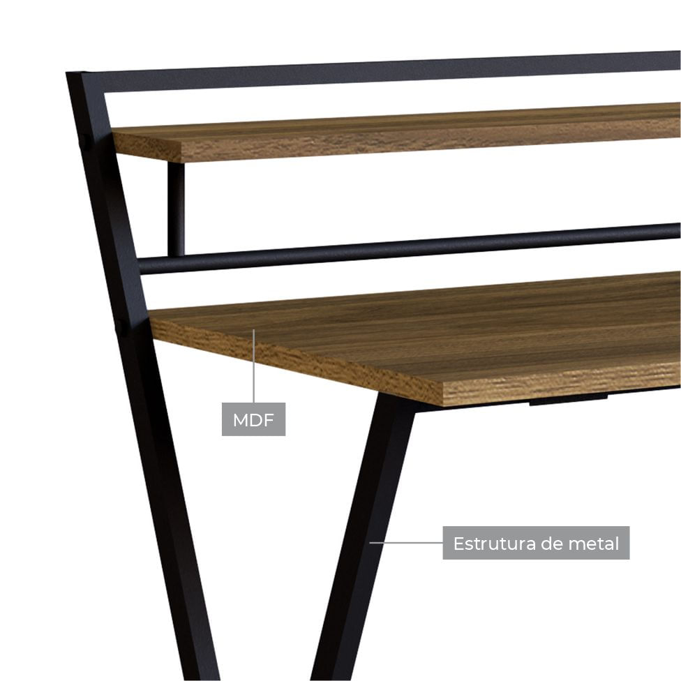 Mesa Escrivaninha Industrial para Escritório Dobrável com 1 Prateleira Preta e Mel - Imagem 3