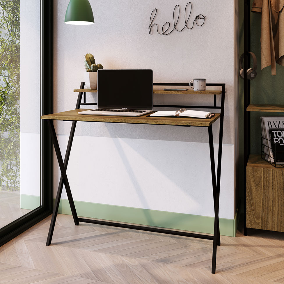 Mesa Escrivaninha Industrial para Escritório Dobrável com 1 Prateleira Preta e Mel - Imagem 5