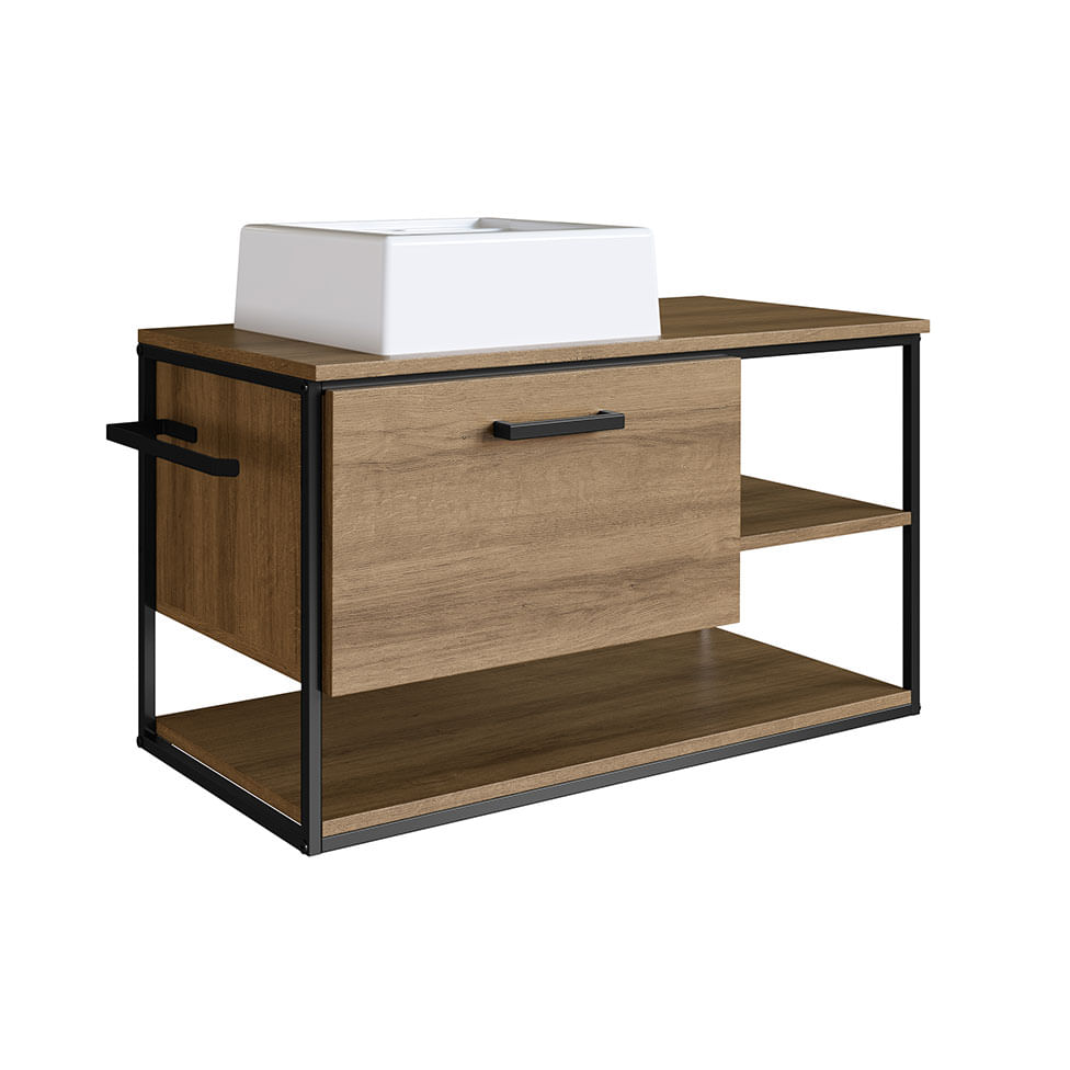 Gabinete Industrial para Banheiro Preto e Mel com 1 Gaveta com Cuba Quadrada