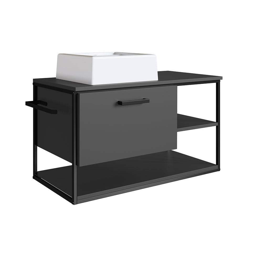Gabinete Industrial para Banheiro Preto e Grafite com 1 Gaveta com Cuba Quadrada
