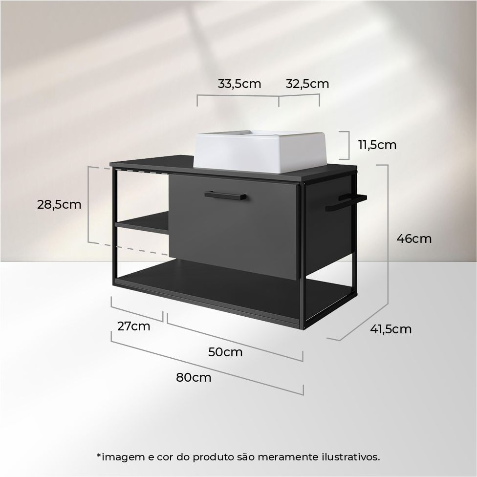 Gabinete Industrial para Banheiro Preto e Grafite com 1 Gaveta com Cuba Quadrada - Imagem 6