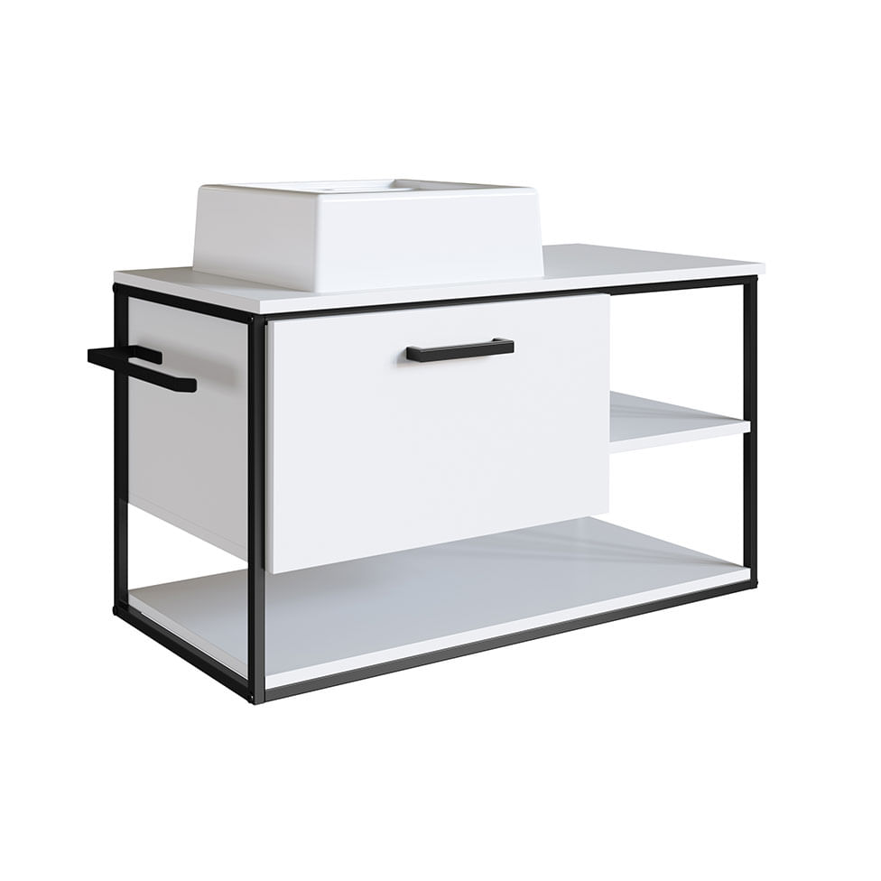 Gabinete Industrial para Banheiro Branco e Preto com 1 Gaveta com Cuba Quadrada