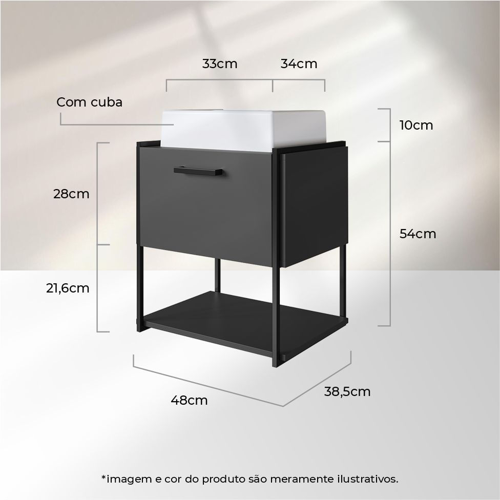 Gabinete Industrial para Banheiro Preto e Grafite 1 Gaveta com Cuba Quadrada - Imagem 4