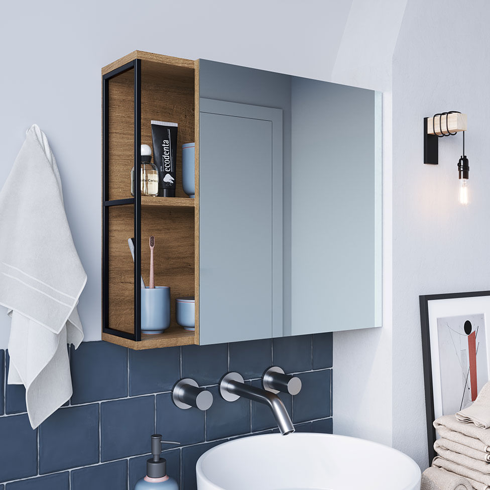 Armário Industrial para Banheiro Preto e Mel com Espelho - Imagem 3