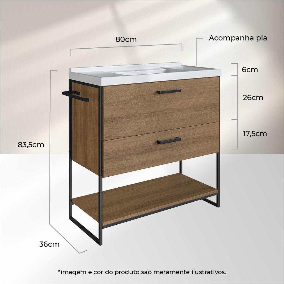 Gabinete Industrial para Banheiro Preto e Mel 1 Gaveta 1 Porta com Lavatório - Imagem 5