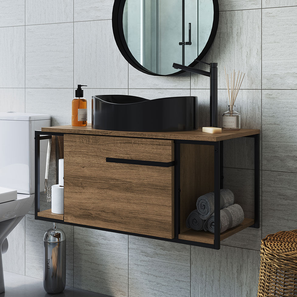 Gabinete Suspenso Industrial para Banheiro Preto e Mel 1 Porta sem Cuba - Imagem 4