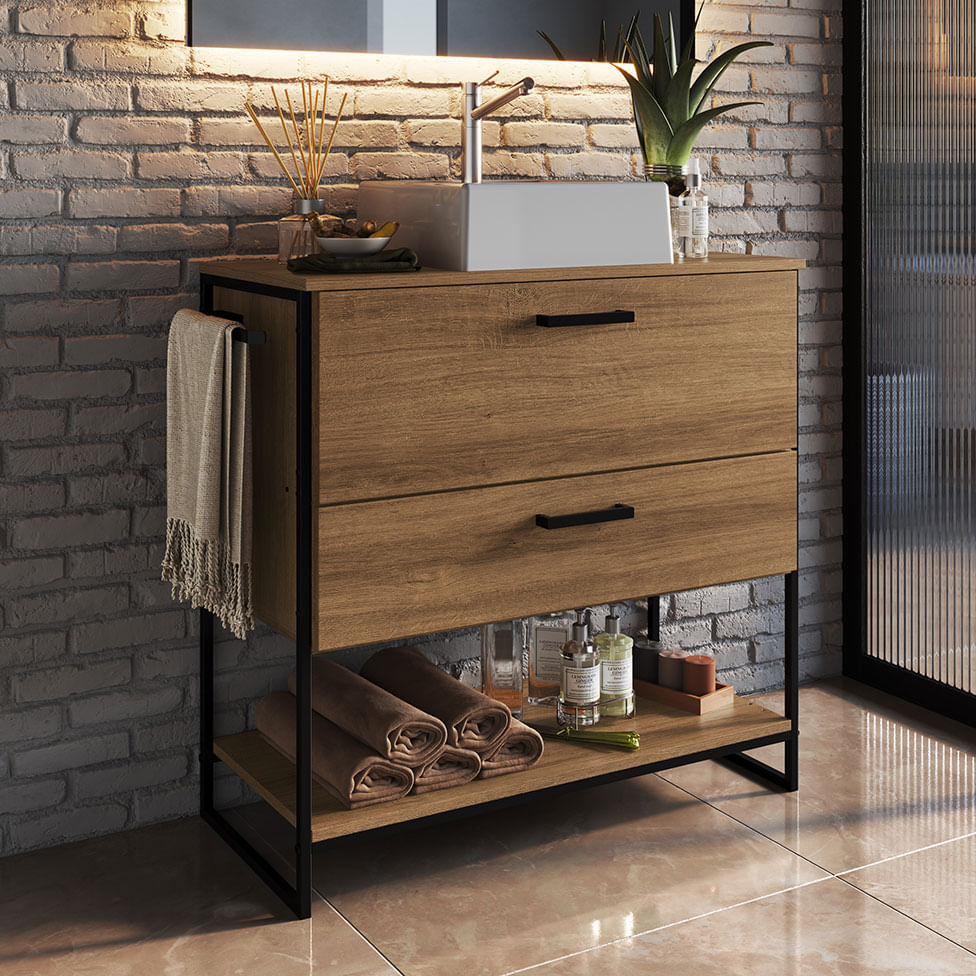 Gabinete Balcão Industrial para Banheiro Preto e Mel 1 Gaveta 1 Porta sem Cuba - Imagem 4