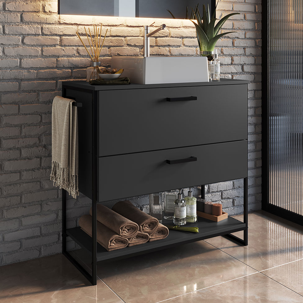 Gabinete Balcão Industrial para Banheiro Preto e Grafite 1 Gaveta 1 Porta sem Cuba - Imagem 4