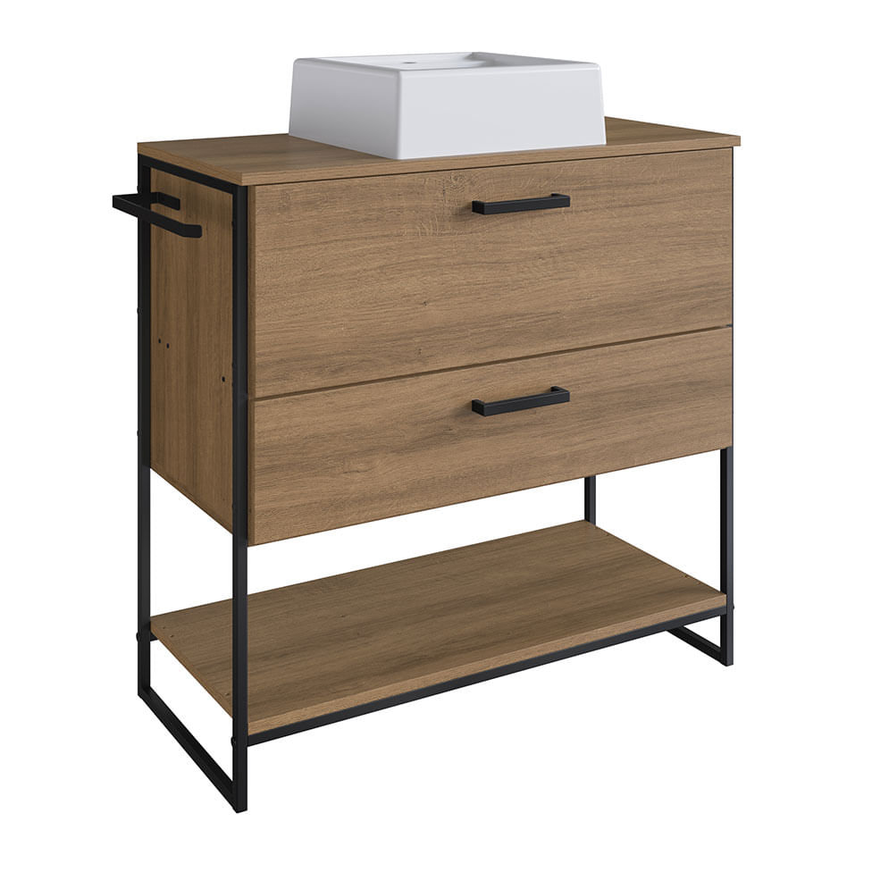 Gabinete Balcão Industrial para Banheiro Preto e Mel 1 Gaveta 1 Porta com Cuba