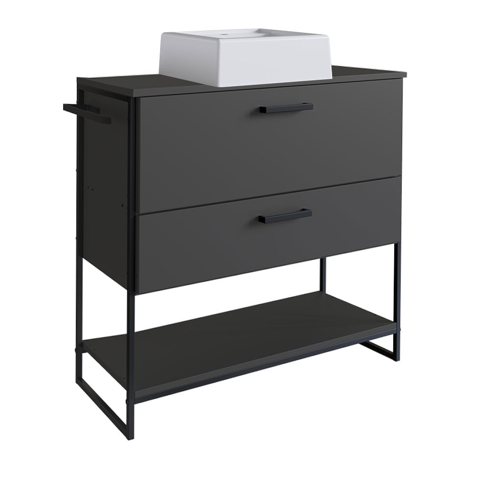 Gabinete Balcão Industrial para Banheiro Preto e Grafite 1 Gaveta 1 Porta com Cuba