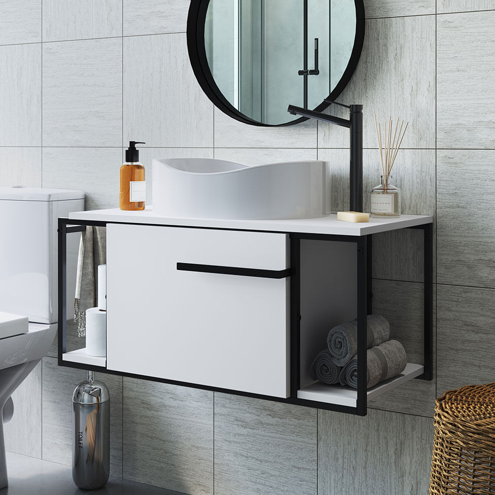 Gabinete Suspenso Industrial para Banheiro Preto e Branco 1 Porta sem Cuba - Imagem 4