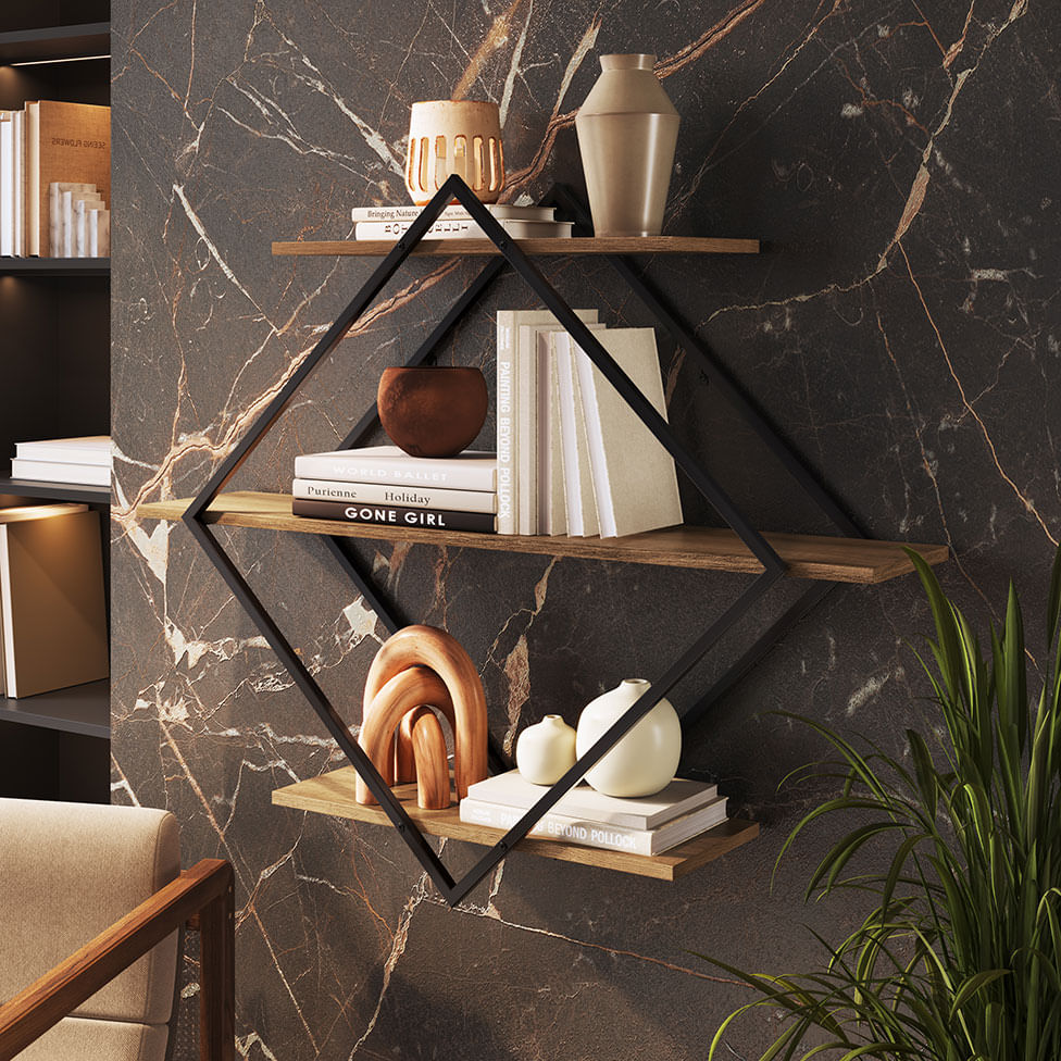 Prateleira Decorativa Diamante Preta e Mel 1,00m - Imagem 2