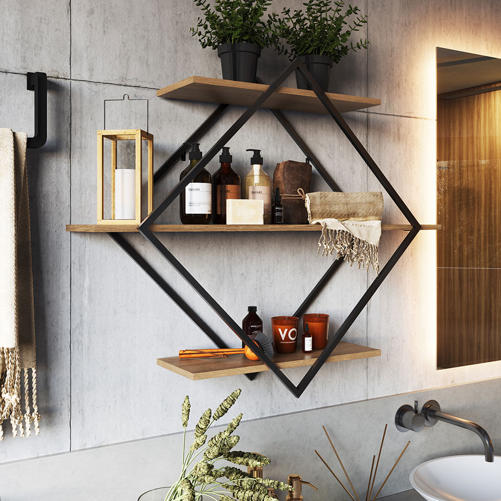 Prateleira Decorativa Diamante Preta e Mel 1,00m - Imagem 3